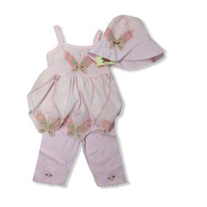 Rose Cage Toddler Girls 3pc Top Pant Hat Pink Sleeveless Butterfly Outfit, NEW